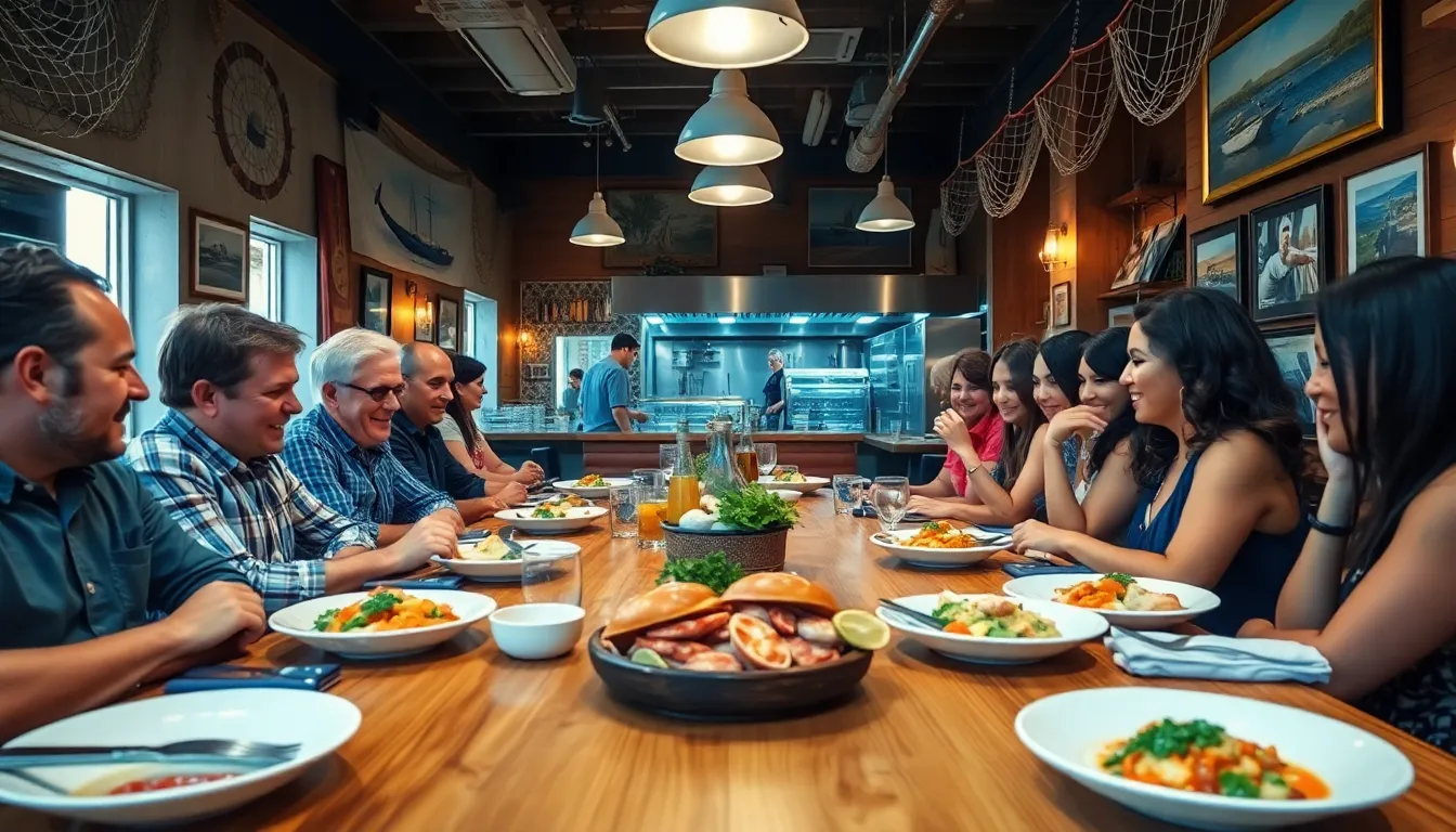 diverse diners enjoying fresh seafood in a cozy, nautical-themed restaurant.