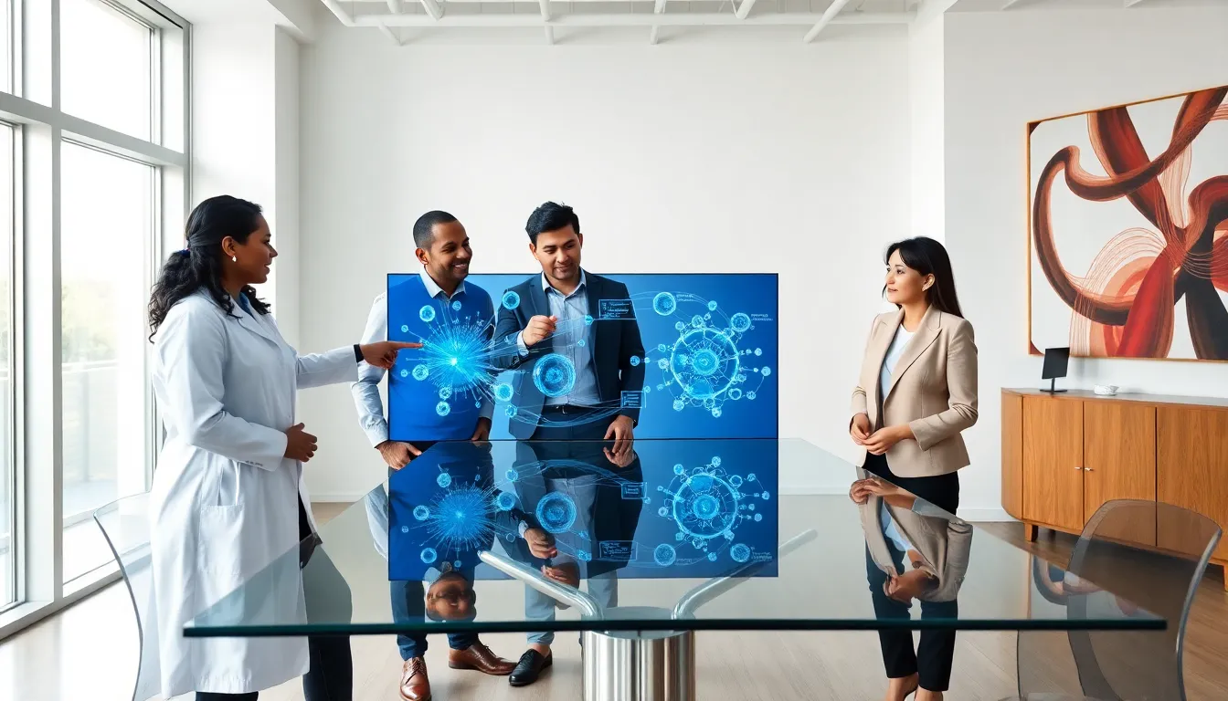 diverse professionals discussing artificial intelligence in a modern office.