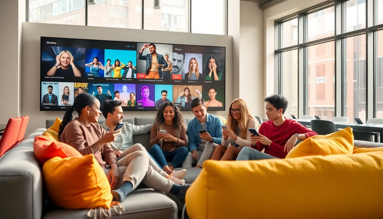 diverse teens discussing pop culture in a modern lounge.