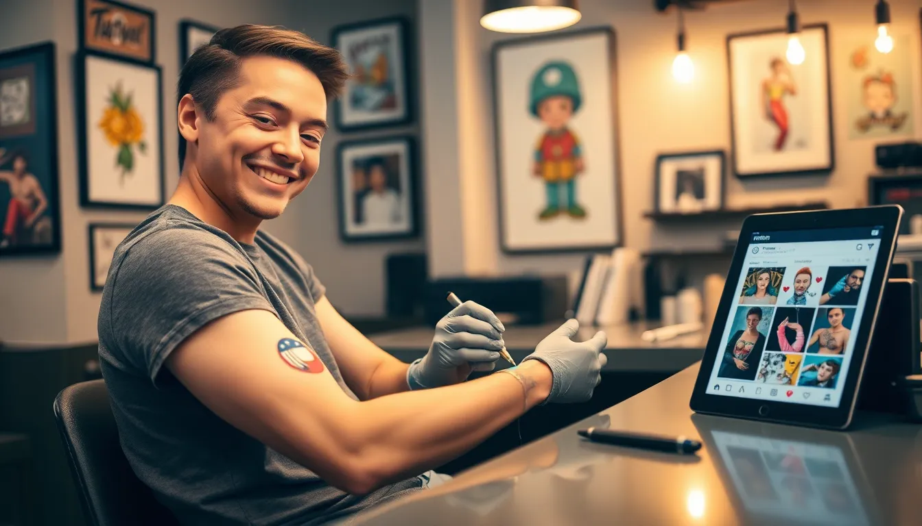 tattoo artist in a studio creating a pop culture design.