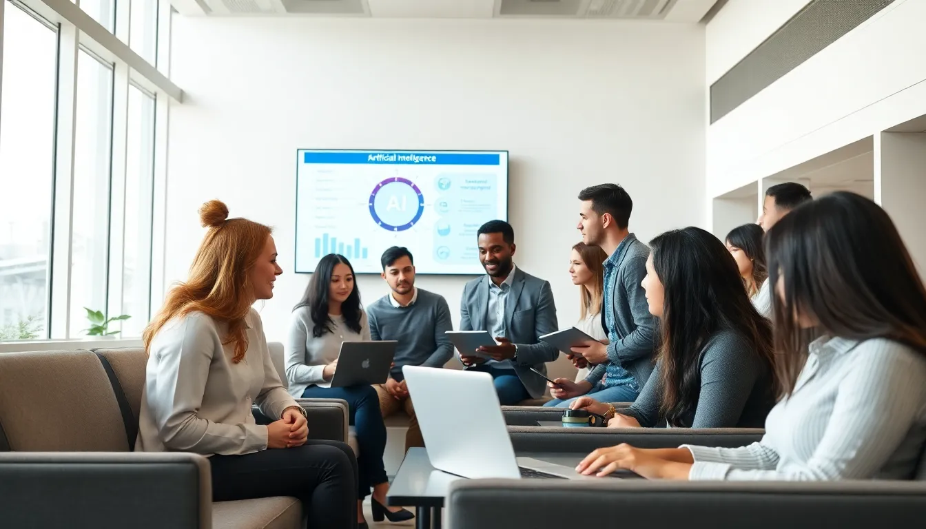 diverse students discussing artificial intelligence in a modern classroom.
